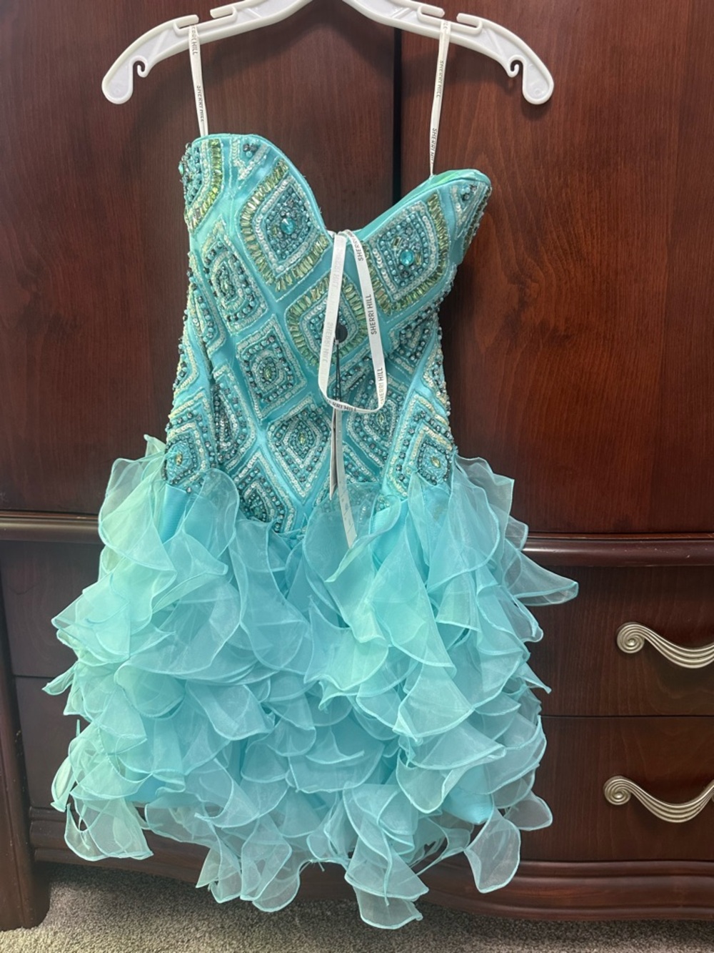 Sherri Hill Aqua Beaded Dress